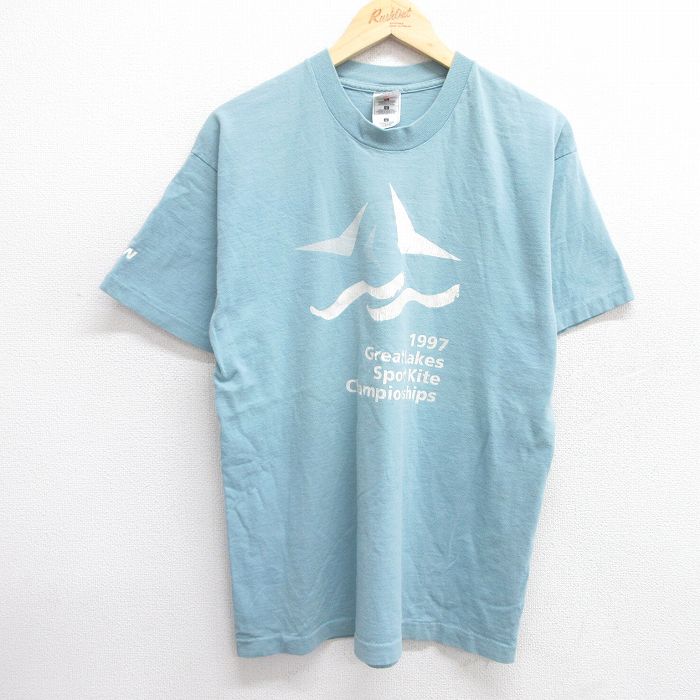 【50%OFF】L★古着 フルーツオブザルーム 半袖 ビンテージ Tシャツ メンズ 90年代 90s Gread lakes チャンピオンシップ コットン クルーネック 青緑系 25may09 中古