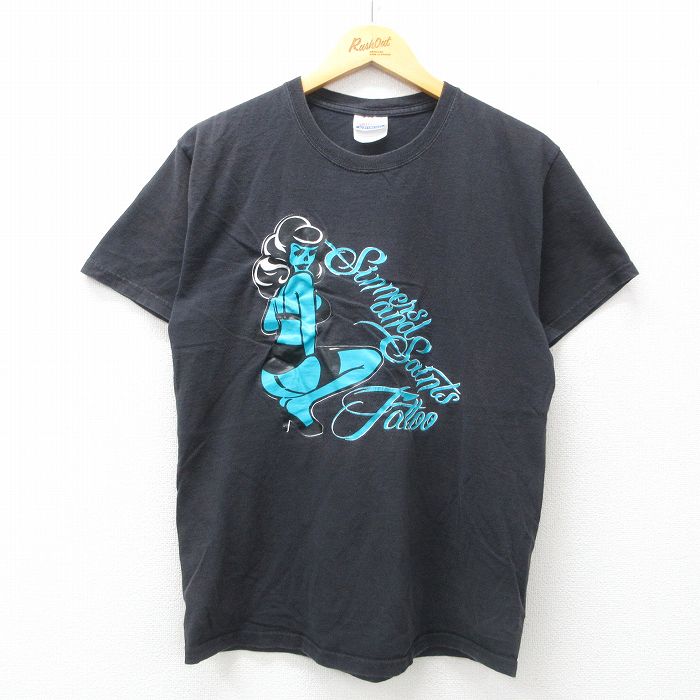 M★古着 ヘインズ Hanes 半袖 ビンテージ Tシャツ メンズ 00年代 00s 女性 タトゥー コットン クルーネック 黒 ブラック 25may10 中古