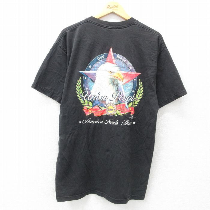 XL★古着 半袖 ビンテージ Tシャツ メンズ 90年代 90s 鳥 UAW 胸ポケット付き コットン クルーネック USA製 黒 ブラック 25may10 中古