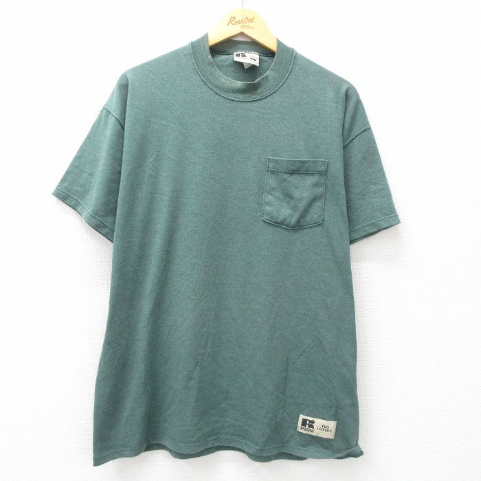 XL★古着 ラッセル 半袖 ビンテージ Tシャツ メンズ 90年代 90s 無地 胸ポケット付き クルーネック USA製 緑 グリーン 【spe】 25may10 中古