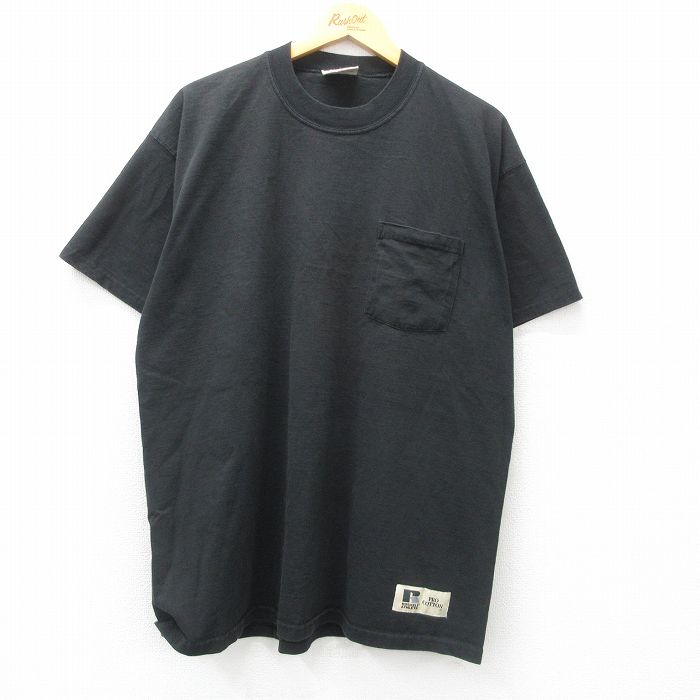 XL★古着 ラッセル 半袖 ビンテージ Tシャツ メンズ 00年代 00s 無地 胸ポケット付き コットン クルーネック 黒 ブラック 25may10 中古
