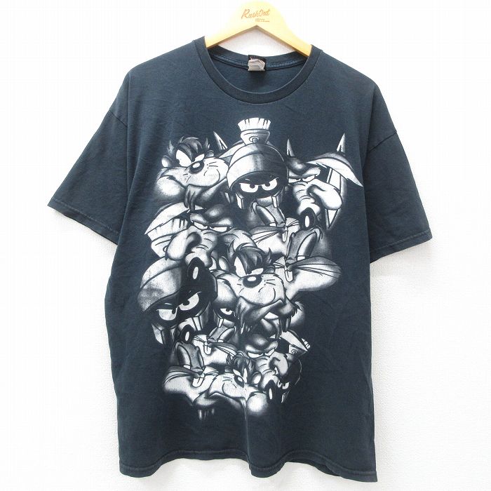 XL★古着 半袖 ビンテージ Tシャツ メンズ 00年代 00s ルーニーテューンズ LOONEY TUNES タズ マービンザマーシャン コットン クルーネック 黒 ブラック 25may10 中古