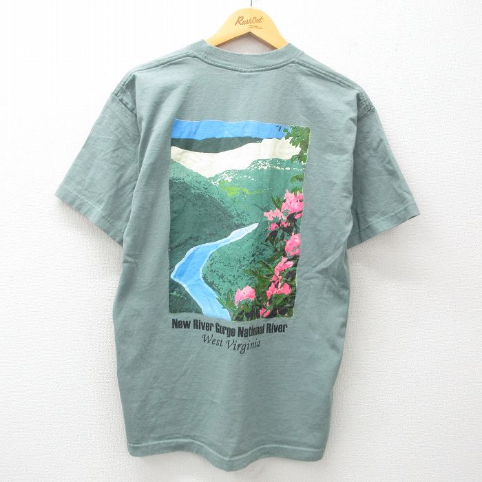 L★古着 半袖 ビンテージ Tシャツ メンズ 90年代 90s ニューリバーゴージ 川 コットン クルーネック USA製 緑 グリーン 25may10 中古