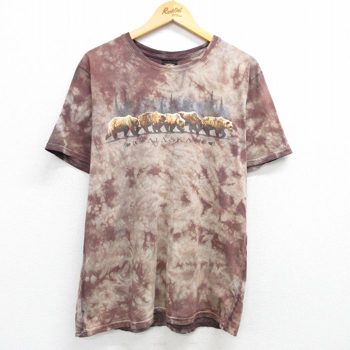 L★古着 半袖 ビンテージ Tシャツ メンズ 00年代 00s クマ アラスカ コットン クルーネック 茶 ブラウン タイダイ 25may10 中古