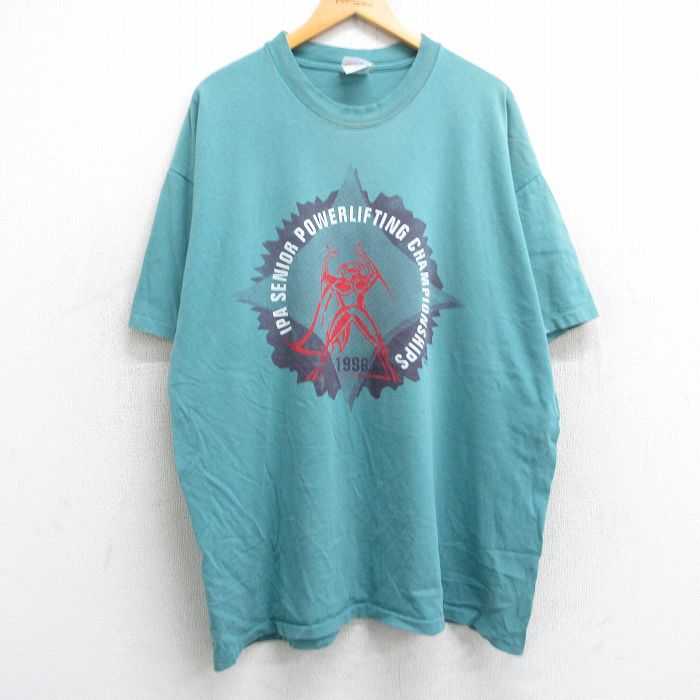 【50%OFF】XL★古着 ヘインズ Hanes 半袖 ビンテージ Tシャツ メンズ 90年代 90s パワーリフティング スタッフ 大きいサイズ コットン クルーネック USA製 緑系 グリーン 【spe】 25may13 中古