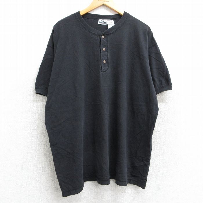 XL★古着 ベーシックエディションズ 半袖 ビンテージ Tシャツ メンズ 90年代 90s 無地 大きいサイズ コットン ヘンリーネック 黒 ブラック 25may13 中古
