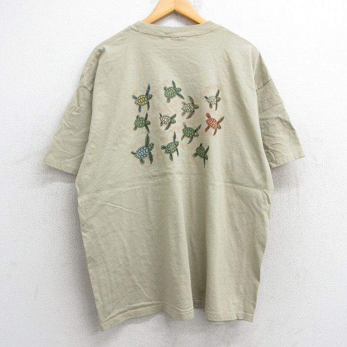 XL★古着 半袖 ビンテージ Tシャツ メンズ 90年代 90s カメ 大きいサイズ コットン クルーネック ベージュ系 カーキ 25may13 中古