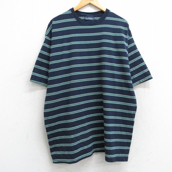 XL★古着 ピューリタン 半袖 ビンテージ Tシャツ メンズ 90年代 90s 大きいサイズ ロング丈 クルーネック USA製 紺他 ネイビー ボーダー 25may13 中古