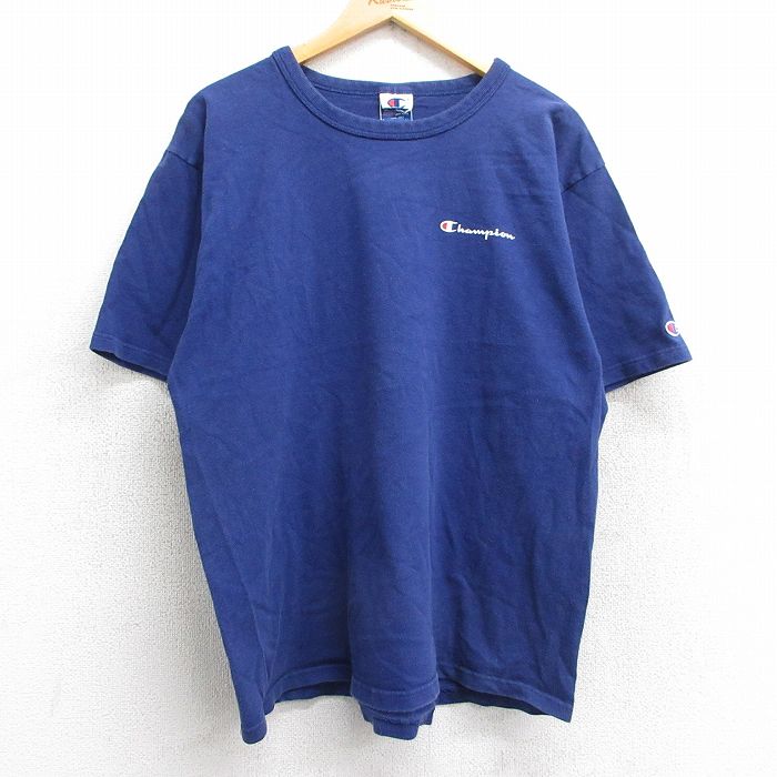 XL★古着 チャンピオン champion 半袖 ビンテージ Tシャツ メンズ 90年代 90s ワンポイントロゴ コットン クルーネック 紺 ネイビー 【spe】 25may13 中古