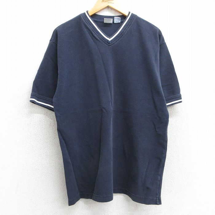 L★古着 半袖 ビンテージ Tシャツ メンズ 00年代 00s 無地 鹿の子 コットン Vネック 紺 ネイビー 25may13 中古
