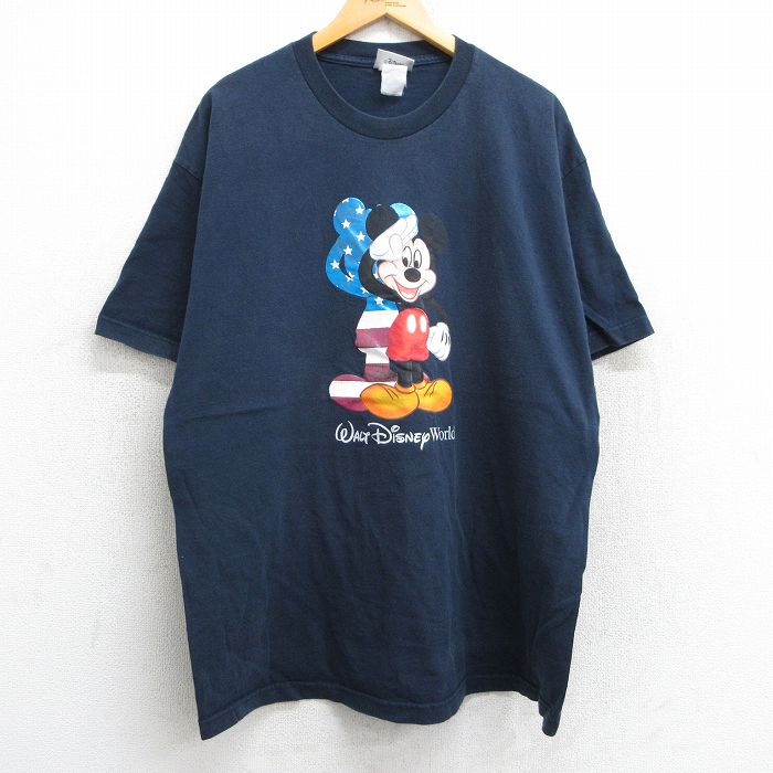 XL★古着 半袖 ビンテージ Tシャツ メンズ 00年代 00s ディズニー DISNEY ミッキー MICKEY MOUSE コットン クルーネック 紺 ネイビー 25may13 中古