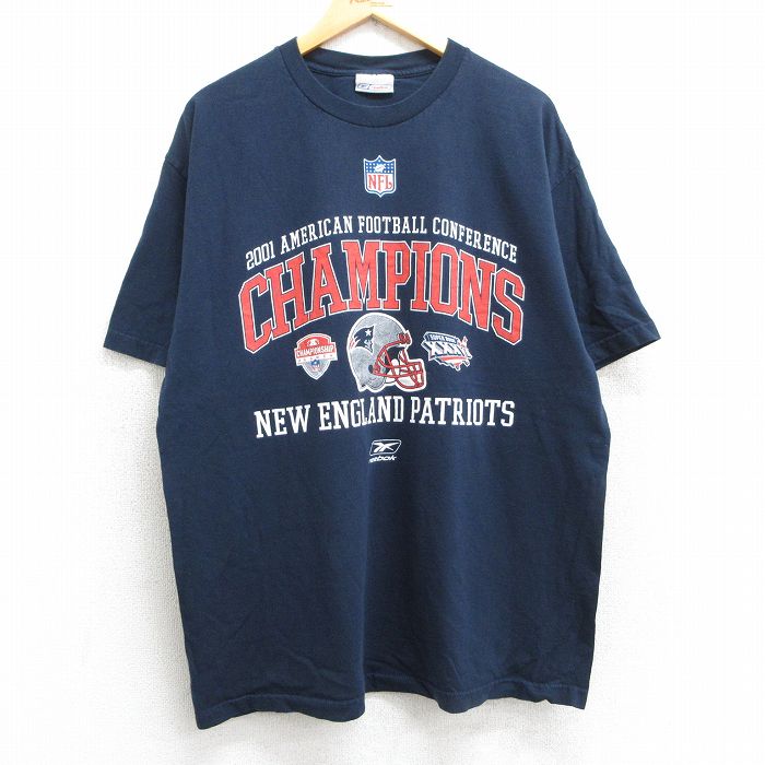XL★古着 リーボック REEBOK 半袖 ビンテージ Tシャツ メンズ 90年代 90s NFL ニューイングランドペイトリオッツ コットン クルーネック USA製 紺 ネイビー アメフト スーパーボウル 25may13 中古