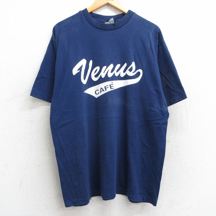 XL★古着 ヘインズ Hanes 半袖 ビンテージ Tシャツ メンズ 80年代 80s Venus カフェ 4 クルーネック 紺 ネイビー 25may13 中古