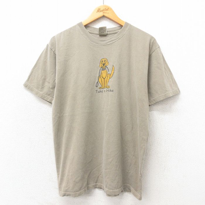 L★古着 半袖 ビンテージ Tシャツ メンズ 00年代 00s 犬 コットン クルーネック ベージュ カーキ 25may13 中古
