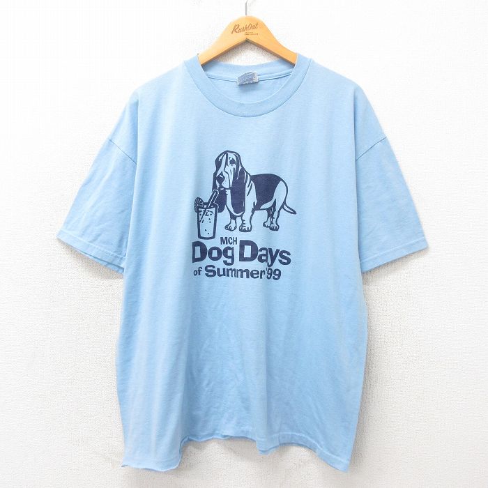 XL★古着 ヘインズ Hanes 半袖 ビンテージ Tシャツ メンズ 90年代 90s 犬 大きいサイズ クルーネック 水色 25may13 中古