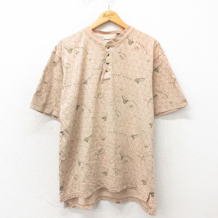 XL★古着 半袖 ビンテージ Tシャツ メンズ 00年代 00s 地図 大きいサイズ コットン ヘンリーネック ベージュ カーキ 25may13 中古