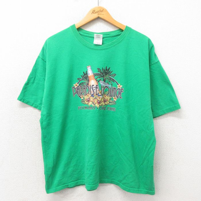【50%OFF】XL★古着 半袖 ビンテージ Tシャツ メンズ 00年代 00s パラダイスラウンジ 大きいサイズ コットン クルーネック 緑 グリーン 25may13 中古