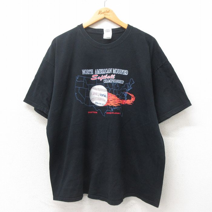 XL★古着 半袖 ビンテージ Tシャツ メンズ 00年代 00s ソフトボール 大きいサイズ コットン クルーネック 黒 ブラック 25may13 中古
