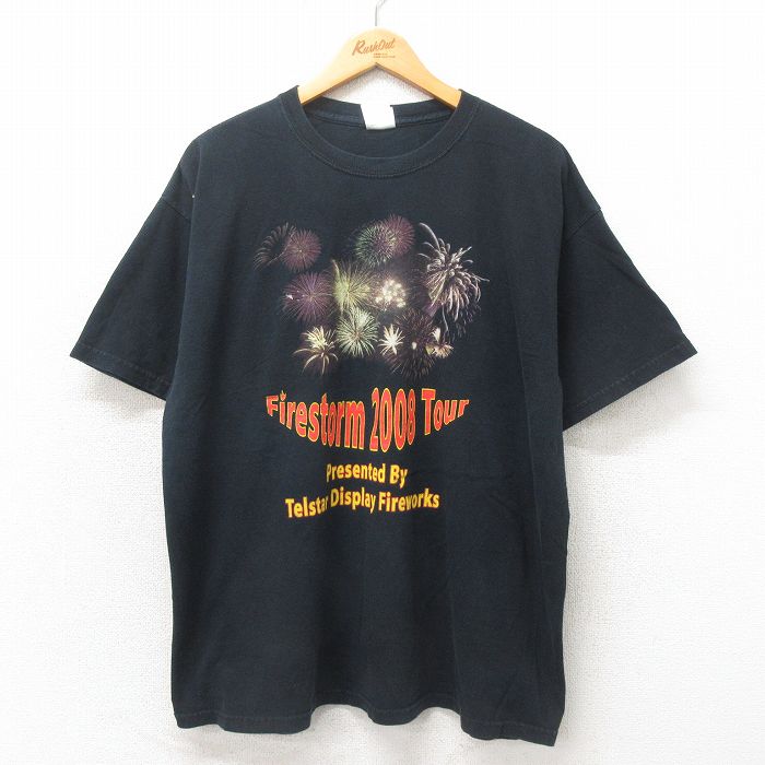 XL★古着 半袖 ビンテージ Tシャツ メンズ 00年代 00s 花火 コットン クルーネック 黒 ブラック 25may13 中古