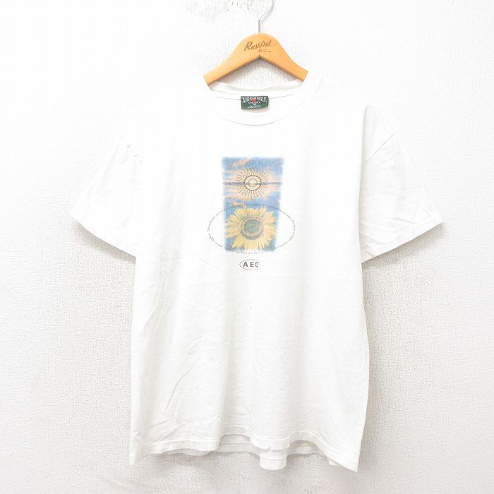 XL★古着 アメリカンイーグル American Eagle 半袖 ビンテージ Tシャツ メンズ 90年代 90s ヒマワリ コットン クルーネック USA製 白 ホワイト 25may13 中古