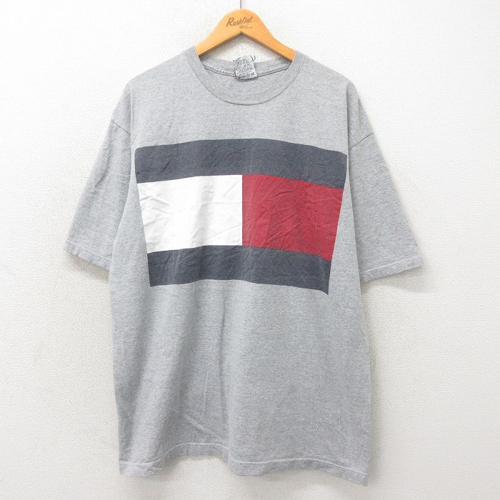 XL★古着 トミーヒルフィガー TOMMY HILFIGER 半袖 ビンテージ ブランド Tシャツ メンズ 90年代 90s ビッグロゴ 大きいサイズ コットン クルーネック USA製 グレー 霜降り 25may13 中古