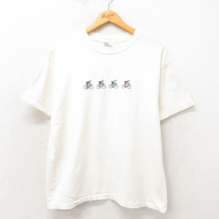 L★古着 半袖 ビンテージ Tシャツ メンズ 90年代 90s 自転車 コットン クルーネック 白 ホワイト 25may13 中古