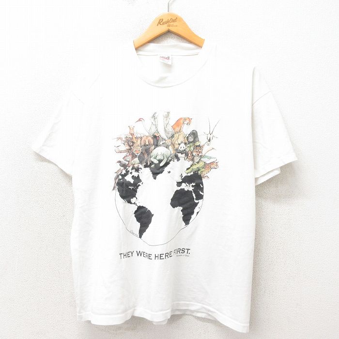 XL★古着 半袖 ビンテージ Tシャツ メンズ 90年代 90s 地球 動物 コットン クルーネック USA製 白 ホワイト 【spe】 25may13 中古
