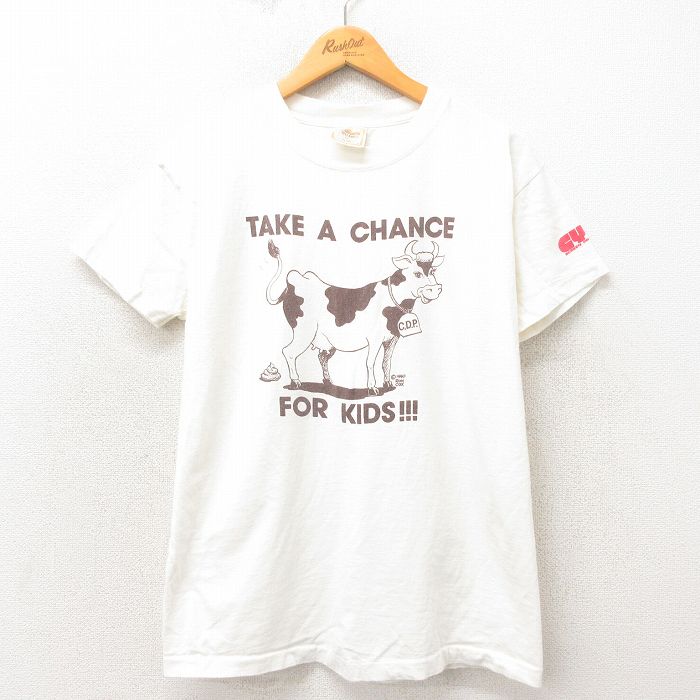 M★古着 半袖 ビンテージ Tシャツ メンズ 90年代 90s ウシ コットン クルーネック 白 ホワイト 25may14 中古