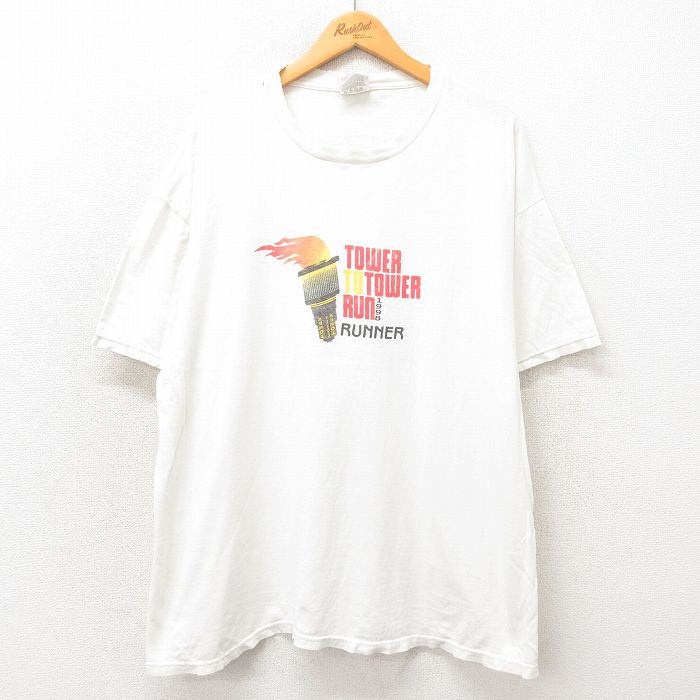XL★古着 ヘインズ Hanes 半袖 ビンテージ Tシャツ メンズ 90年代 90s TOWER 企業広告 大きいサイズ コットン クルーネック 白 ホワイト 25may14 中古