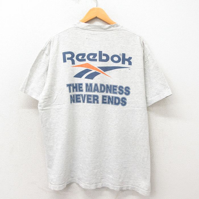 XL★古着 リーボック REEBOK 半袖 ビンテージ Tシャツ メンズ 90年代 90s ビッグロゴ 大きいサイズ コットン クルーネック USA製 グレー 霜降り 25may14 中古
