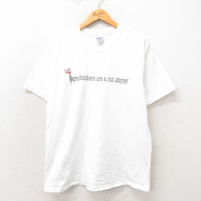 【20%OFF】L★古着 半袖 ビンテージ Tシャツ メンズ 00年代 00s ハサミ コットン クルーネック 白 ホワイト 25may14 中古