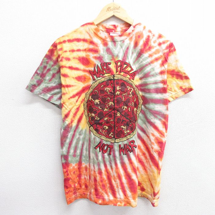 M★古着 半袖 ビンテージ Tシャツ メンズ 00年代 00s ピザ スタッフ コットン クルーネック オレンジ他 タイダイ 25may14 中古