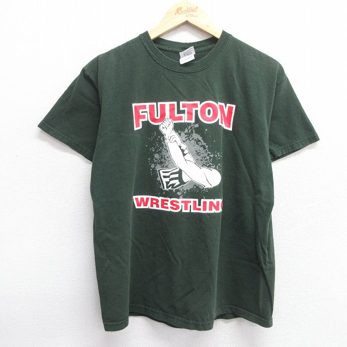 【50%OFF】M★古着 半袖 ビンテージ Tシャツ メンズ 00年代 00s FULTON レスリング コットン クルーネック 緑 グリーン 25may14 中古