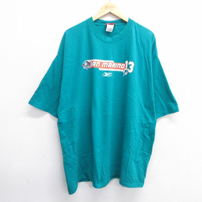 XL★古着 リーボック REEBOK 半袖 ビンテージ Tシャツ メンズ 90年代 90s NFL マイアミドルフィンズ ダンマリーノ 大きいサイズ コットン クルーネック 青緑 アメフト スーパーボウル 25may14 中古