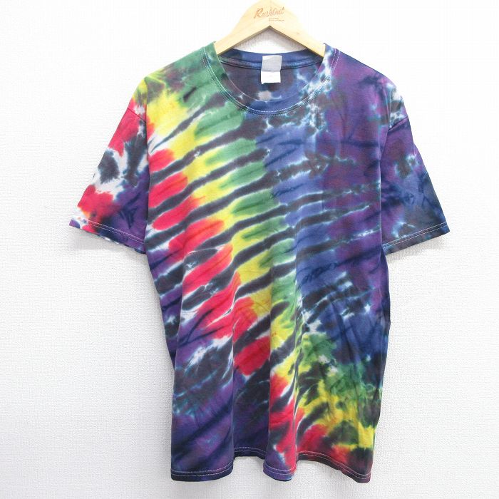 L★古着 半袖 ビンテージ Tシャツ メンズ 00年代 00s 無地 コットン クルーネック 紫他 パープル タイダイ 25may14 中古
