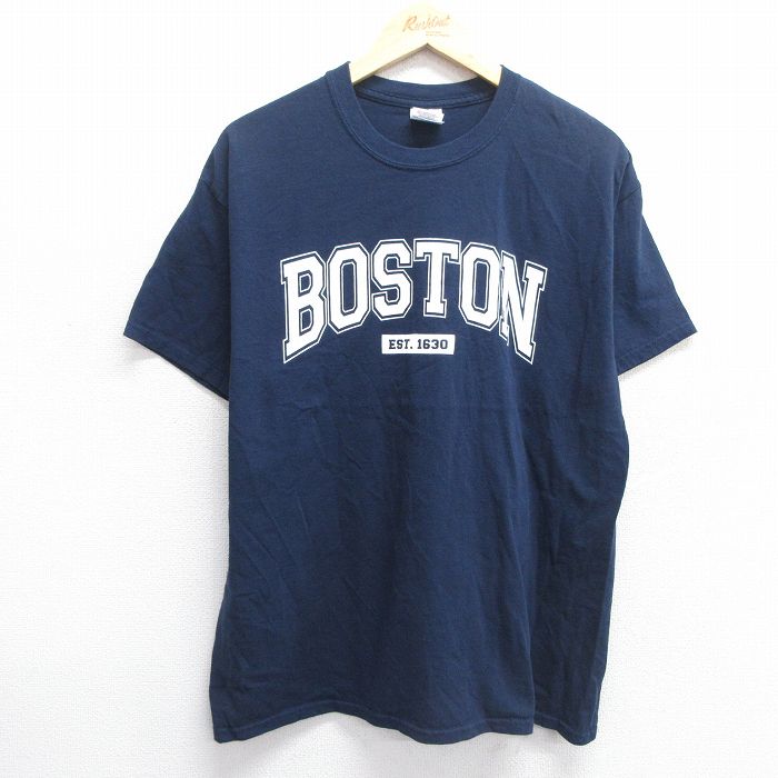 L★古着 半袖 ビンテージ Tシャツ メンズ 00年代 00s ボストン コットン クルーネック 紺 ネイビー 25may14 中古