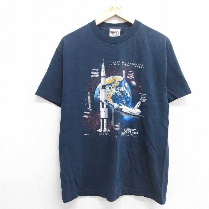 L★古着 半袖 ビンテージ Tシャツ メンズ 00年代 00s スペースシャトル クルーネック 紺 ネイビー 25may14 中古