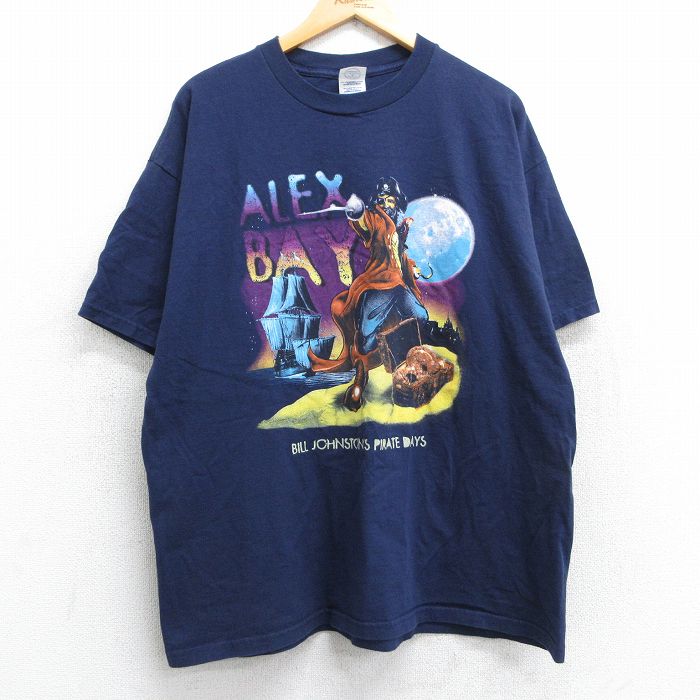 XL★古着 半袖 ビンテージ Tシャツ メンズ 00年代 00s 海賊 大きいサイズ コットン クルーネック 紺 ネイビー 25may14 中古