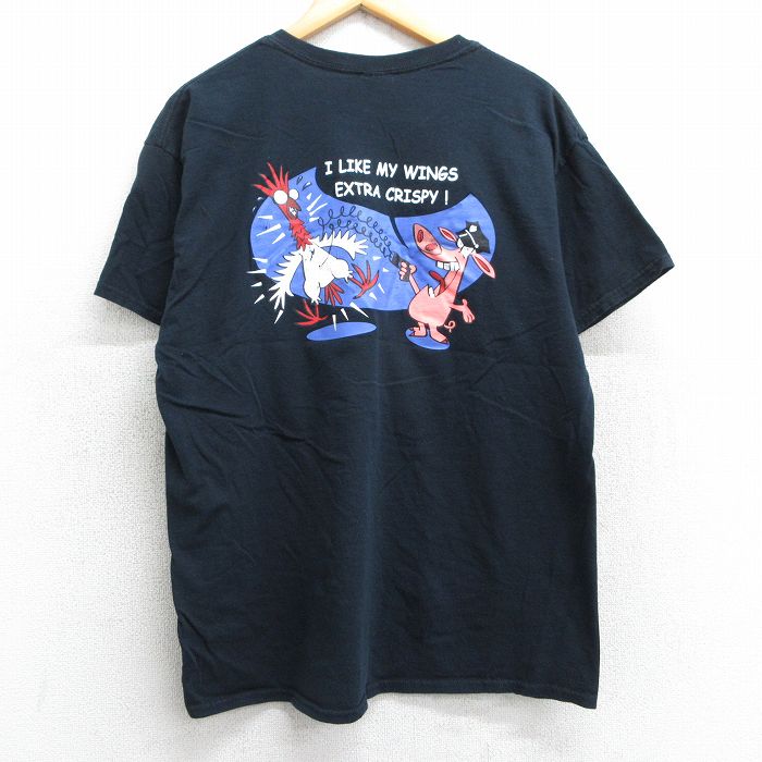 L★古着 半袖 ビンテージ Tシャツ メンズ 00年代 00s ブタ ニワトリ コットン クルーネック 黒 ブラック 25may14 中古