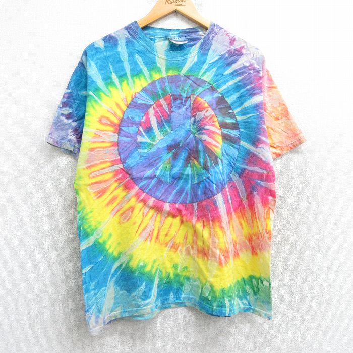 L★古着 ヘインズ Hanes 半袖 ビンテージ Tシャツ メンズ 00年代 00s ピースマーク コットン クルーネック 黄他 イエロー タイダイ 25may14 中古