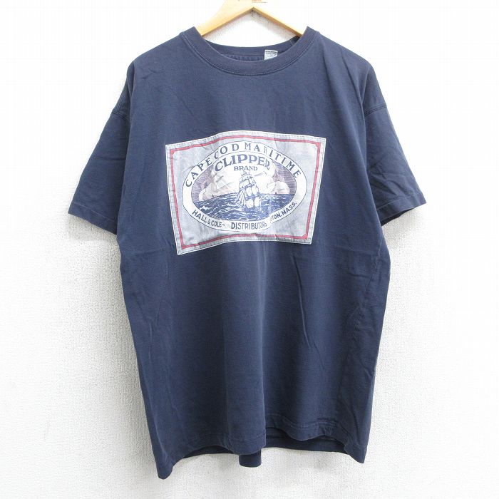 XL★古着 半袖 ビンテージ Tシャツ メンズ 90年代 90s 船 CLIPPER コットン クルーネック 紺 ネイビー 25may14 中古