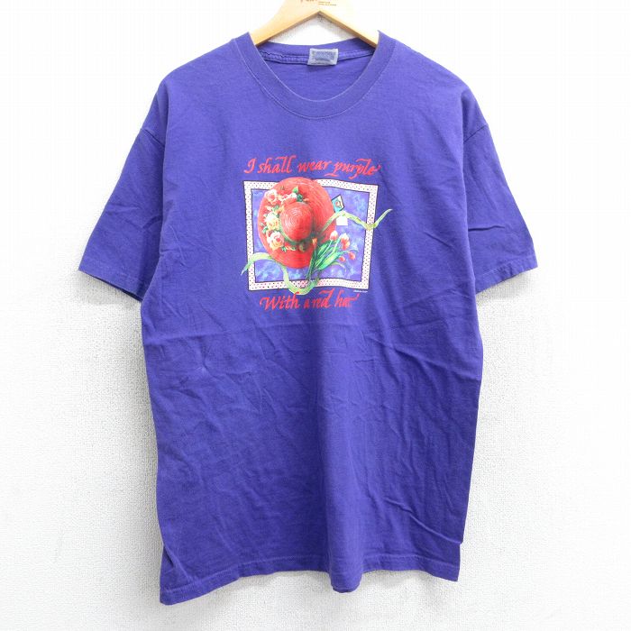 L★古着 ヘインズ Hanes 半袖 ビンテージ Tシャツ メンズ 00年代 00s 帽子 花 コットン クルーネック 紫 パープル 25may14 中古