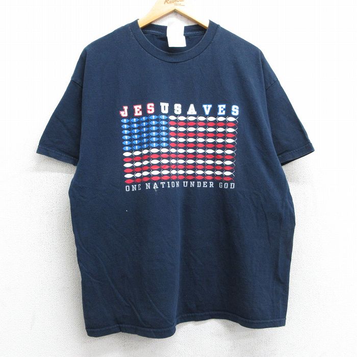 XL★古着 半袖 ビンテージ Tシャツ メンズ 00年代 00s 星条旗 JESUSAVES コットン クルーネック 紺 ネイビー 25may14 中古