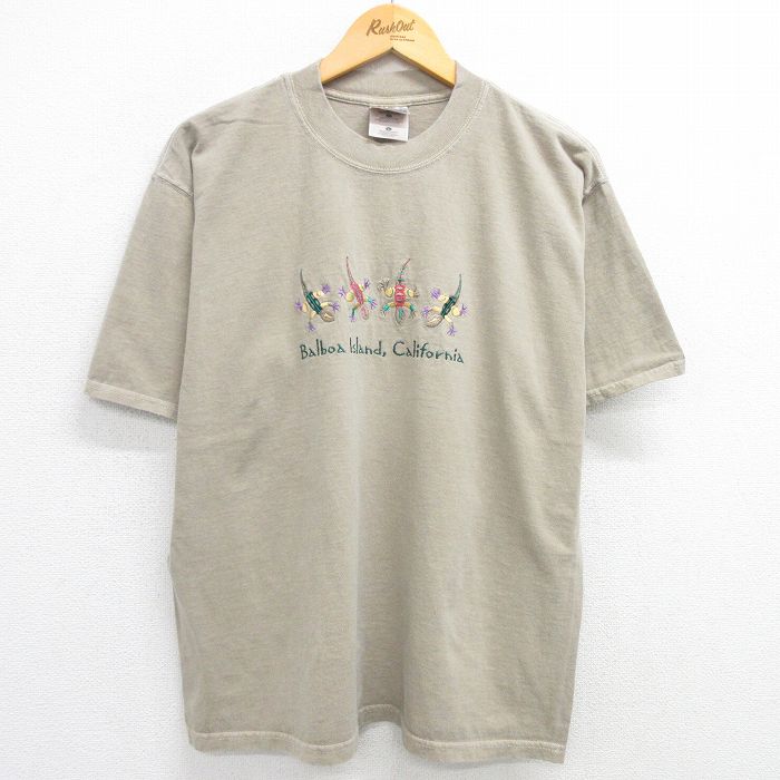 XL★古着 半袖 ビンテージ Tシャツ メンズ 00年代 00s トカゲ 刺繍 バルボアアイランド コットン クルーネック 緑系 グリーン 25may15 中古