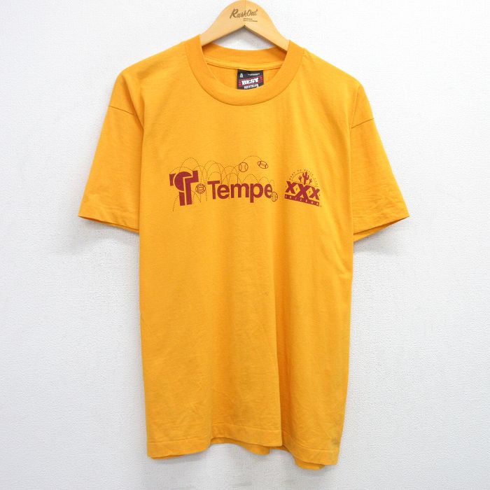 【50%OFF】XL★古着 フルーツオブザルーム 半袖 ビンテージ Tシャツ メンズ 90年代 90s Temple アリゾナ 大きいサイズ クルーネック USA製 黄 イエロー 25may15 中古