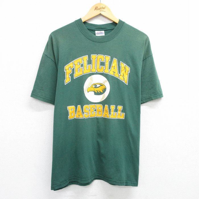 【50%OFF】XL★古着 ヘインズ Hanes 半袖 ビンテージ Tシャツ メンズ 00年代 00s FELICIAN　ベースボール 大きいサイズ クルーネック 緑 グリーン 25may15 中古