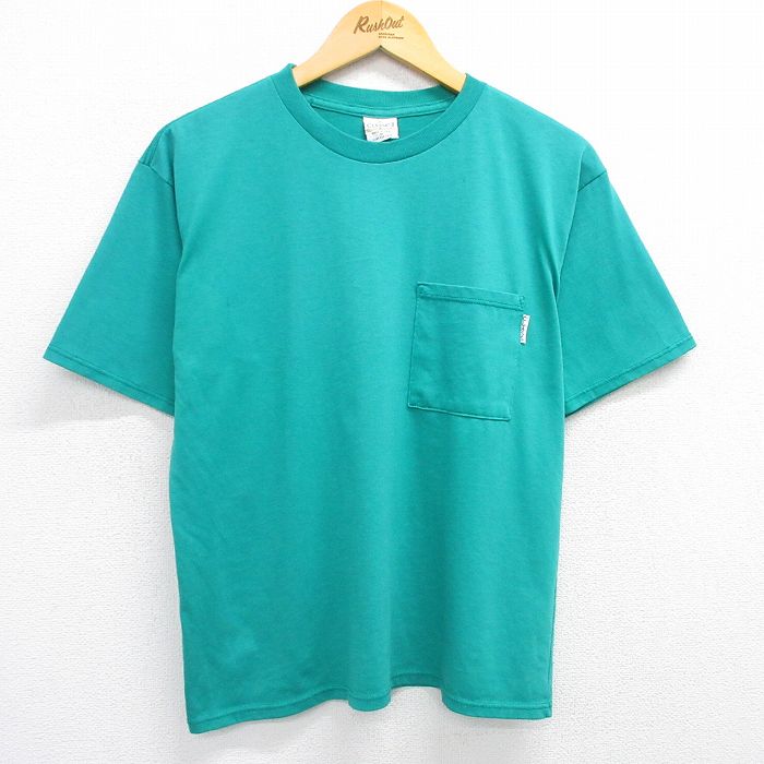 L★古着 半袖 ビンテージ Tシャツ メンズ 90年代 90s 無地 胸ポケット付き クルーネック USA製 青緑 25may15 中古