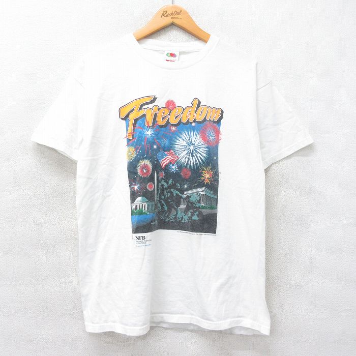 L★古着 フルーツオブザルーム 半袖 ビンテージ Tシャツ メンズ 00年代 00s Fｒｅｅｄｏｍ 花火 クルーネック 白 ホワイト 25may16 中古