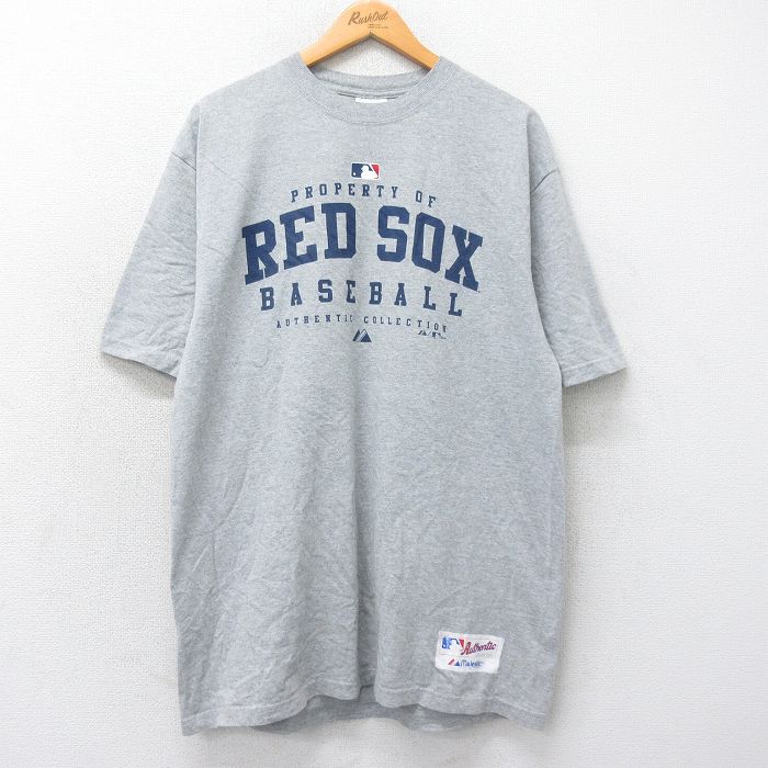 XL★古着 マジェスティック 半袖 ビンテージ Tシャツ メンズ 00年代 00s MLB ボストンレッドソックス ロング丈 クルーネック グレー メジャーリーグ ベースボール 野球 25may16 中古