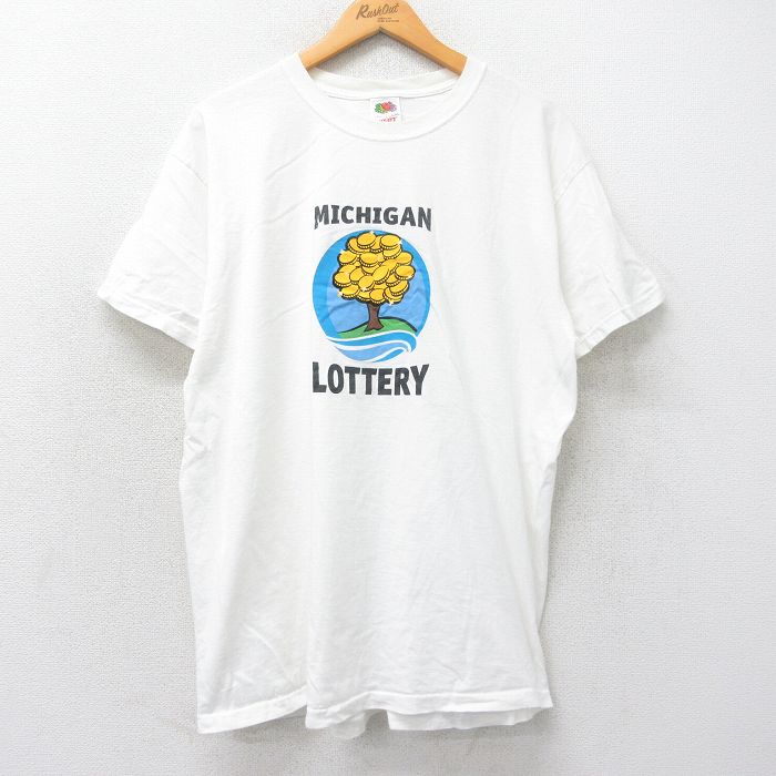 XL★古着 フルーツオブザルーム 半袖 ビンテージ Tシャツ メンズ 00年代 00s MICHIGAN LOTTERY コットン クルーネック 白 ホワイト 25may16 中古